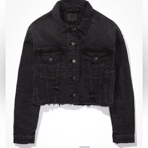 ✨ AE American eagle cropped dark black denim jean jacket layering stretch